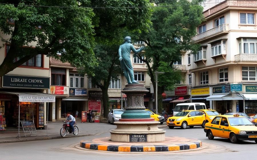 Library Chowk in Mussoorie — Gandhi Chowk — the quieter western end of Mall Road with old bookshops.
