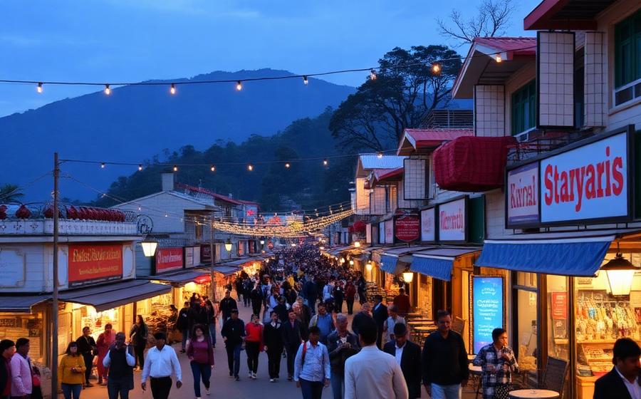 Mall Road in Mussoorie — The heart of Mussoorie — cafés, bazaars and evening strolls.
